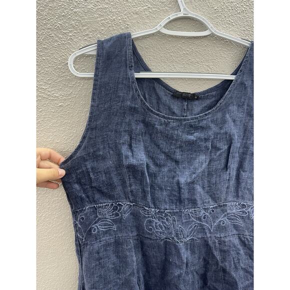 Lungo Larno Womens Dress Size Medium Sleeveless Chambray Linen Floral Detail - Picture 2 of 12